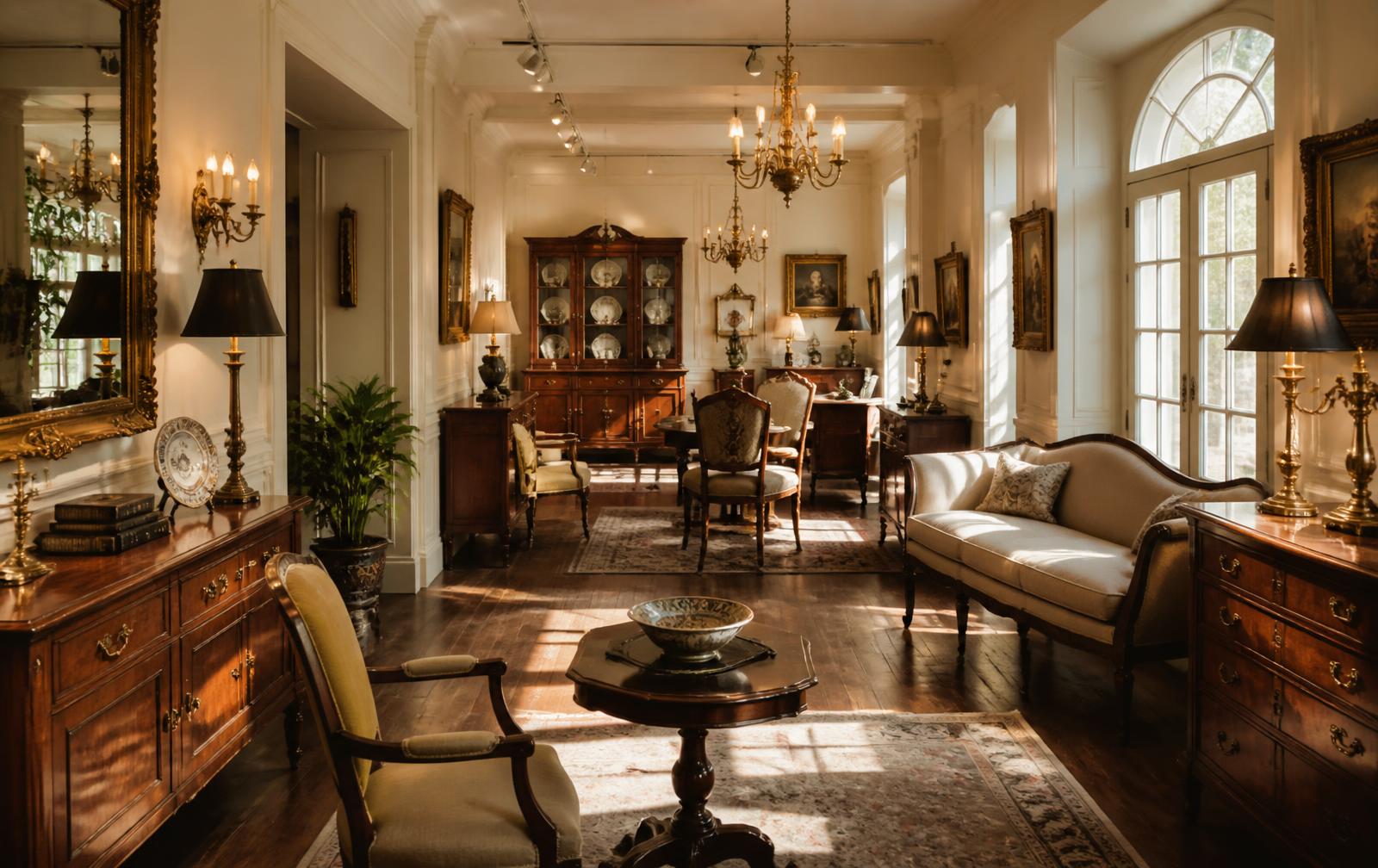 Antique showroom interior with brass and wooden pieces